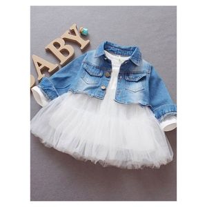 White Blue 2 Piece Dress Denim Jacket Girl Set